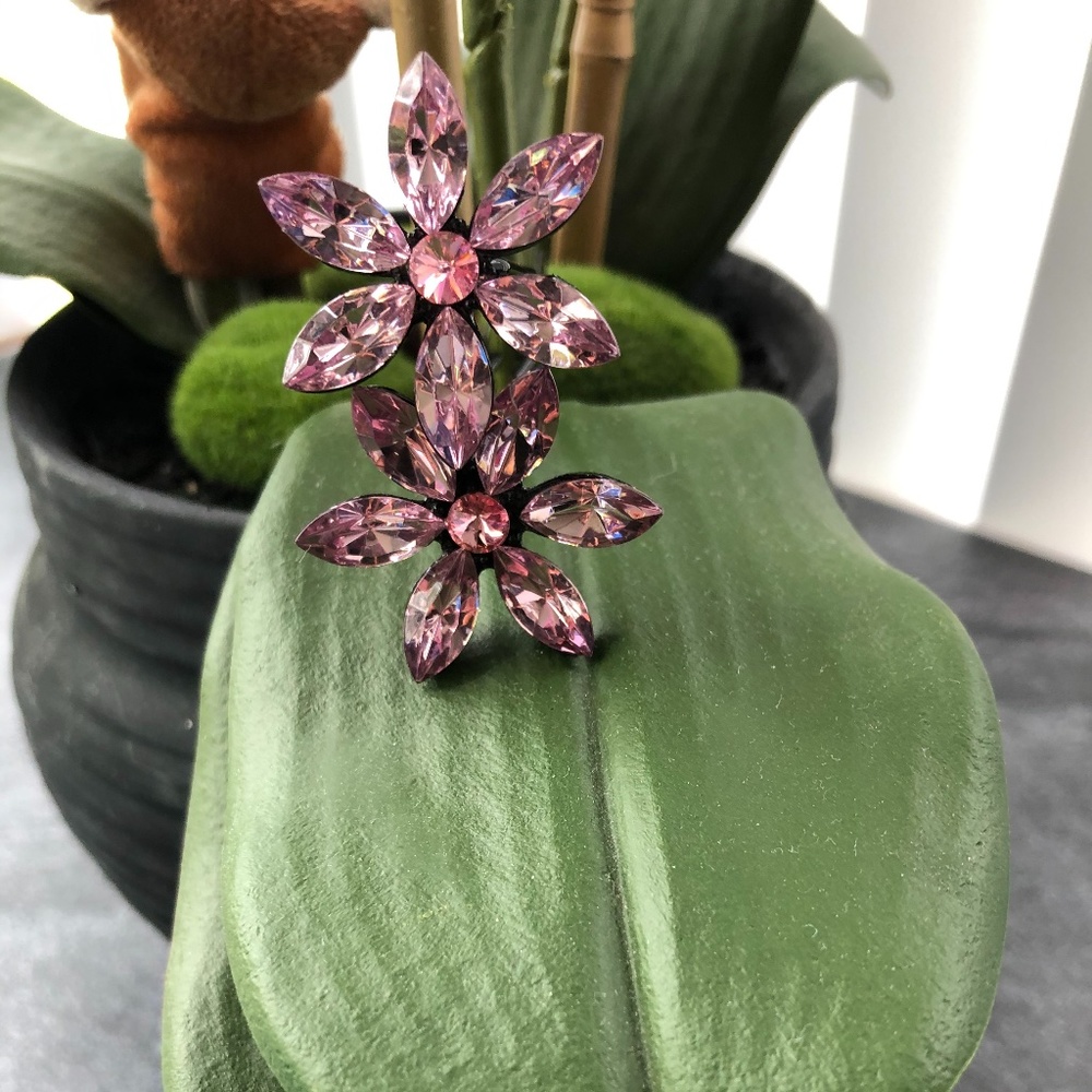 2/$12 Pink Crystal Flower Black Metal Hair Pins